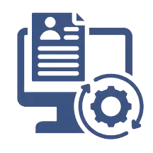 A blue vector icon showing a computer monitor with a user profile document on the screen and a gear with circular arrows in the foreground.
