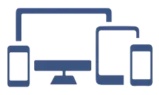 A navy blue vector icon featuring silhouettes of a desktop monitor, a tablet, and two smartphones of varying sizes.