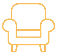 An orange-gold linear vector icon of a classic upholstered armchair with rounded armrests and short legs.