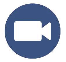 A white video camera silhouette centered inside a solid navy blue circle.