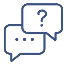 A blue vector icon featuring two overlapping speech bubbles, one containing a question mark and the other containing three dots.