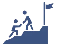 A blue vector icon depicting one person standing on a mountain peak reaching down to help another person climb up, with a flag planted at the top.
