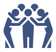 A blue vector icon featuring a central human figure being embraced or supported by four other figures in a huddle.