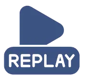 A blue vector icon featuring a large "Play" triangle symbol above a rounded rectangular button containing the word "REPLAY" in white capital letters.