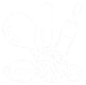 A white vector icon on a black background featuring a collection of sports equipment, including a basketball, football, tennis racket, baseball bat, and a cricket bat.