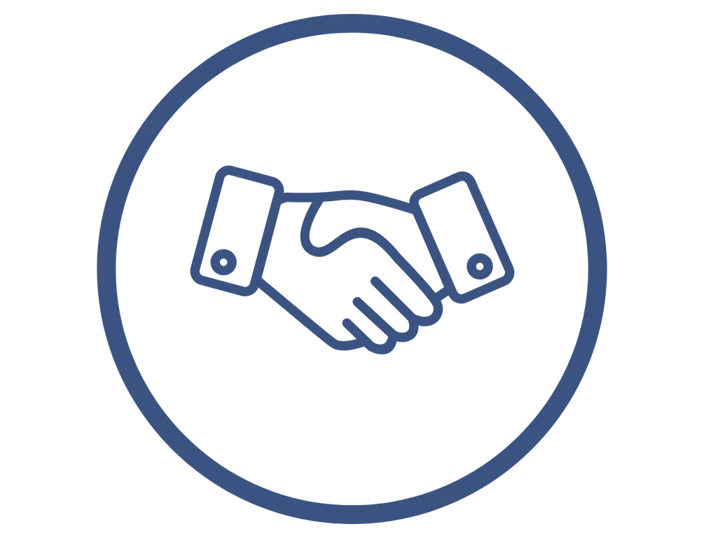 Ein blaues Händedruck Icon in einem Kreis als Symbol für Business Partnerschaft und Zusammenarbeit.