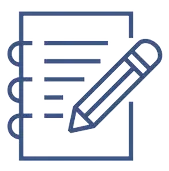 Ein blaues Notizblock Icon mit Stift als Symbol für Notizen und Planung.