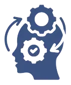 Ein blaues Kopf Icon mit Zahnrädern und Häkchen als Symbol für Mental Coaching und Mindset.