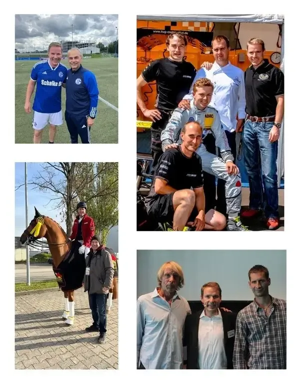 Fotocollage von Erfolgen im Sports Mental Coaching in Fussball Motorsport und Reitsport.